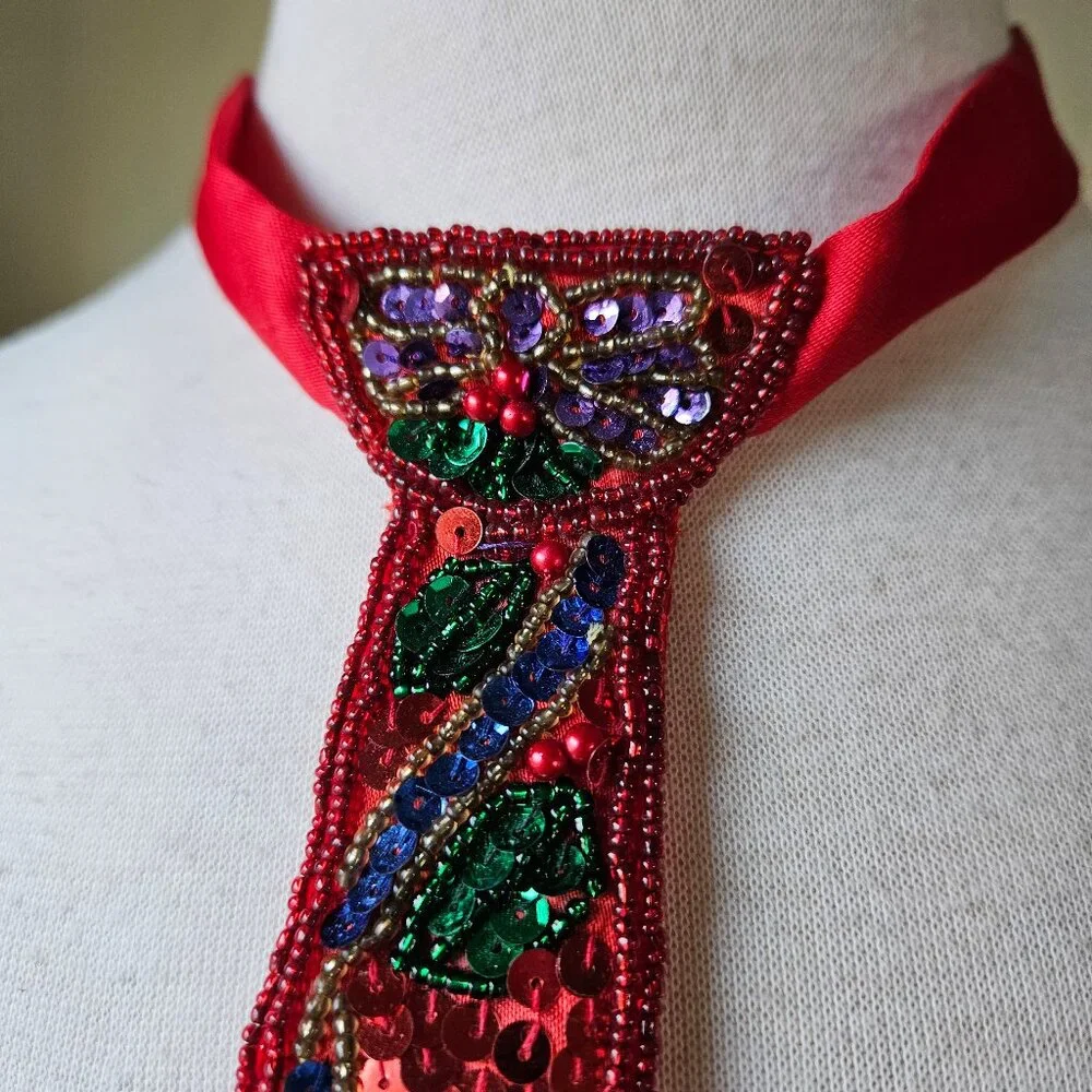 Vintage 90s Christmas Tree Ugly Sweater Party Sequin‎ Embellished Neck Tie